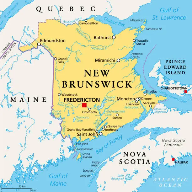 Vector illustration of New Brunswick, Maritime and Atlantic province of Canada, political map