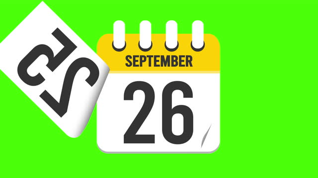 September 27. Calendar appearing with the pages dropping down to the september 27. Green background, chroma key (4k in Loop)