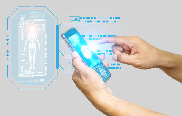 istock Examines a technological digital holographic plate representing the patient's body, neck, and cervical bones. Concept: Futuristic medicine, world assistance, and the future.Medical technology concept. 1461941322