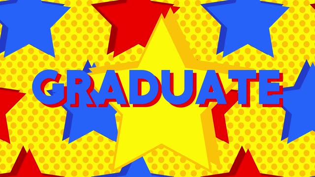 Animated Red Blue Yellow Stars with Graduate Text.
