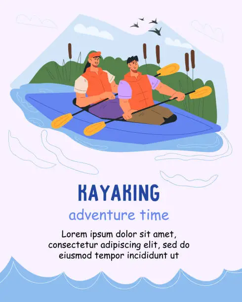 Vector illustration of Kayak water sport banner or card, river or lake adventure, poster design.