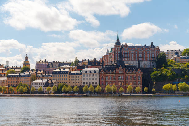 Scenic summer day view of the Old Town pier architecture in Sodermalm district of Stockholm, Sweden stock photo