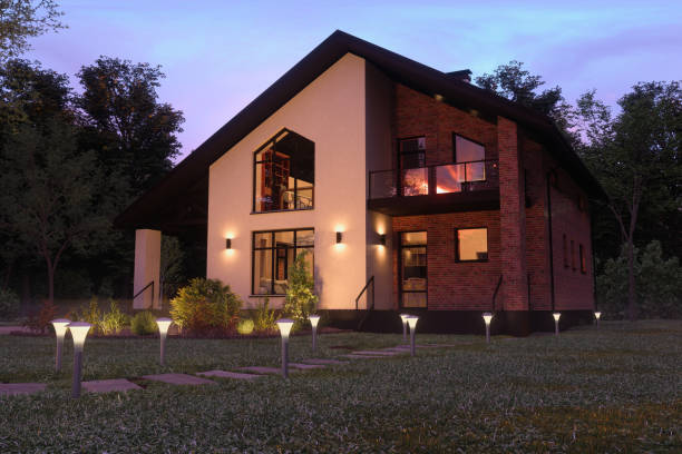 istock Luxurious Modern Villa Exterior With Garden At Dusk 1461988613