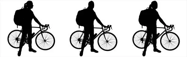 Vector illustration of A girl is standing next to the bike, holding her hand on the handlebars of the bike. A cyclist with a big tourist backpack on his back. Bicycle: side view. Character: half-side view. Black silhouette