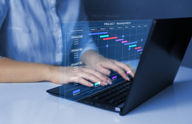 istock Business Data Management System.Project manager working on laptop and updating tasks and milestones progress planning with Gantt chart scheduling interface for company on virtual screen. 1462019907