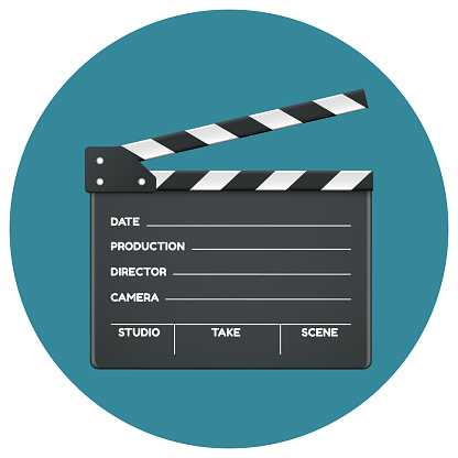Open Director Clapboard Movie Clapperboard Vector Template - Isolated On Blue Circle Background