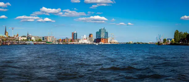 Panoramic view of the Port of Hamburg, showcasing its maritime industry and towering waterfront buildings seen from the river, featuring the Landungsbrücken and stunning Elbphilharmonie concert hall.
