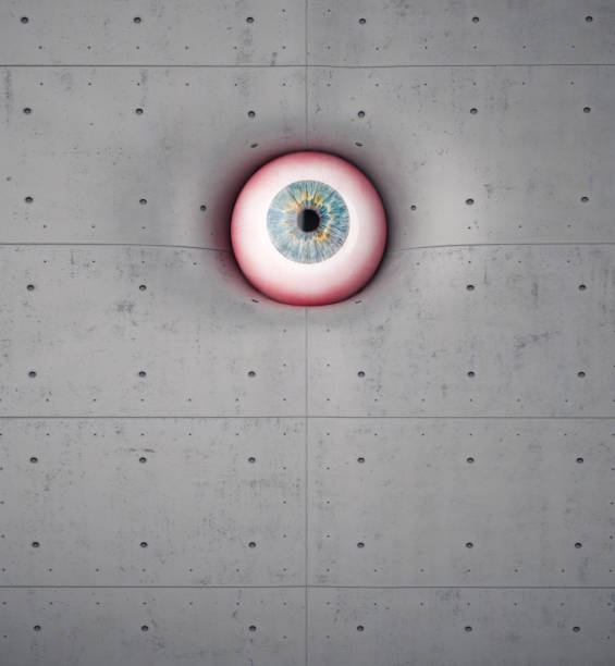 Eye on a concrete wall . Spying and supervision concept . This is a 3d render illustration .