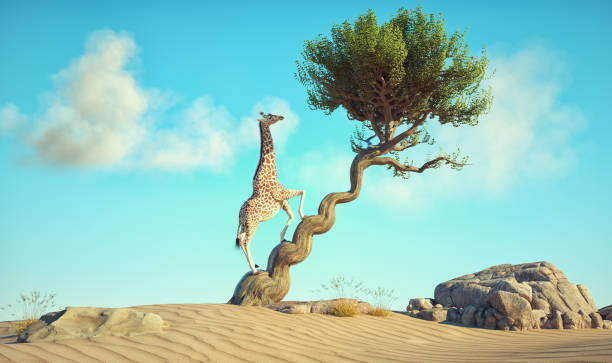 istock The giraffe eats leaves from a tree in surreal landscape. 1462023947