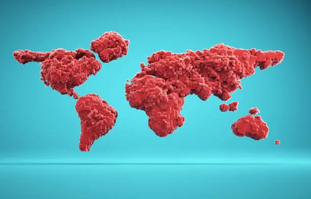 Image voxel with world map. Networking and connection concept .This is a 3d render illustration