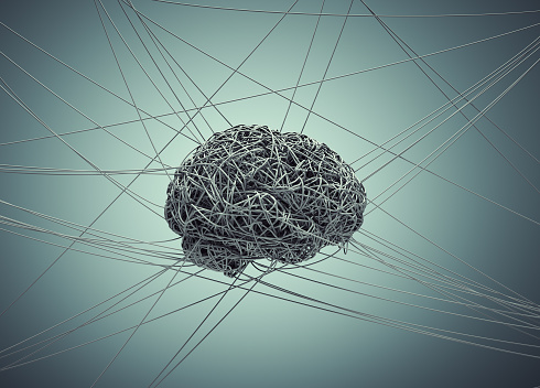 Brain made of wires. Self development and chaotic mind concept. This is a 3d render illustration.