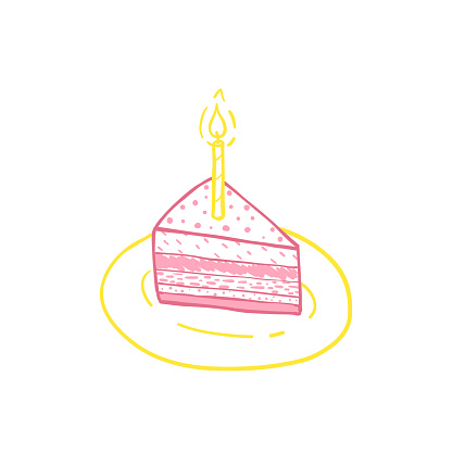 Piece of birthday cake with a candle. Vector sketch hand drawn. Isometric view.