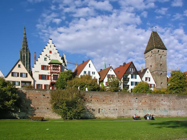 View of Ulm with wall from Danube river, Germany