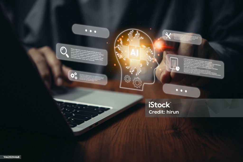artificial chat Chat with AI or Artificial Intelligence. Digital chatbot, robot application, OpenAI generate. Futuristic technology. Artificial Intelligence Stock Photo