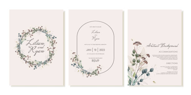 ilustraciones, imágenes clip art, dibujos animados e iconos de stock de elegante invitación de boda con marco de texto y flores secas. plantilla vectorial - invitación de boda