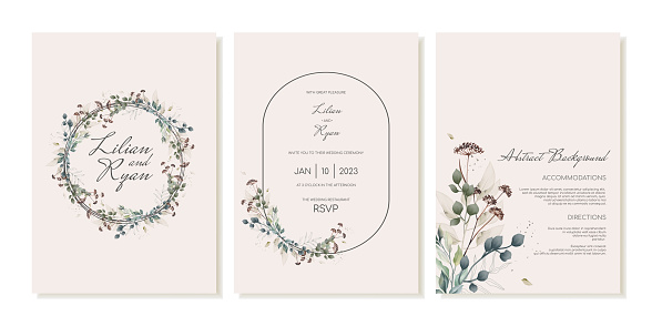 Elegant wedding invitation with text frame and dried flowers. Vector template