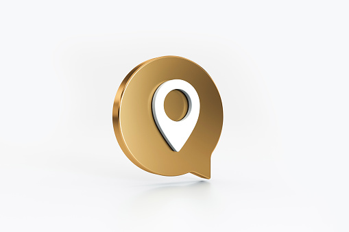 Símbolo de icono de pictograma de ubicación azul o marcador de puntero de mapa pin de navegación marca gps con burbuja de voz photo