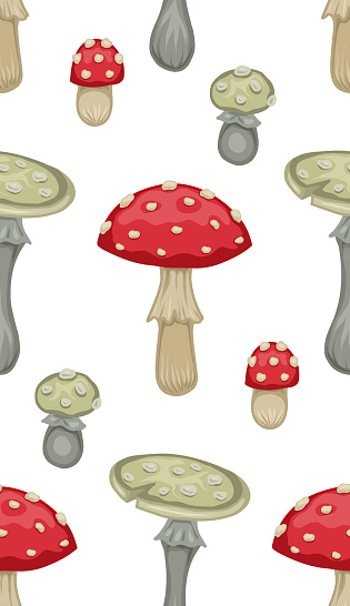 Vector seamless pattern with cartoon poisonous mushrooms on white background. Autumn drawing of forest fly agarics in row. Natural texture with dangerous fungus for fabric.