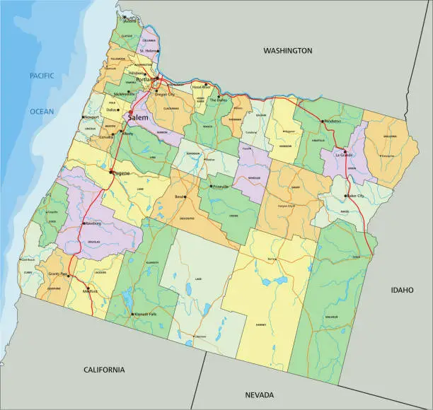 Vector illustration of Oregon - Highly detailed editable political map with labeling.