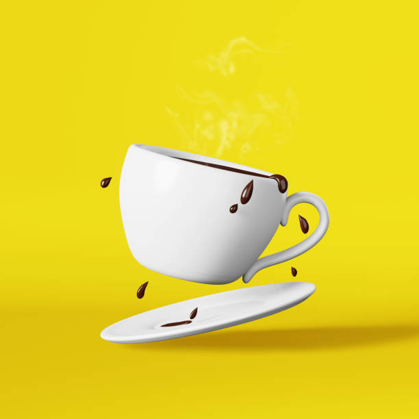istock Flying hot chocolate porcelain cup splashes drops 3D rendering yellow. Floating fresh brewed steaming coffee cocoa drink 1462032109