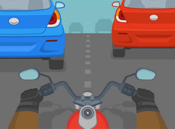 illustrazioni stock, clip art, cartoni animati e icone di tendenza di primo piano di un motociclista che cerca di guidare tra le auto su una strada a due corsie. mani che tengono un manubrio. flusso del traffico sulla strada cittadina. - two lane highway illustrations