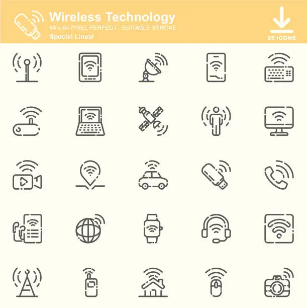Vector illustration of Wireless Technology Lineal Icons , Editable Stroke , 64x64 Pixel Perfect