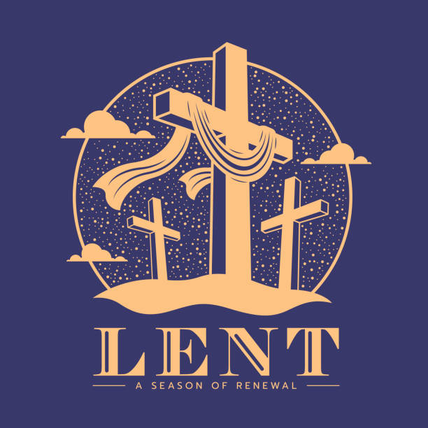 Lent 40, a season of renewal - Gold cross crucifix with cloth and two cross crucifix on the side in circle on purple background flat style vector design Lent 40, a season of renewal - Gold cross crucifix with cloth and two cross crucifix on the side in circle on purple background flat style vector design lent season stock illustrations