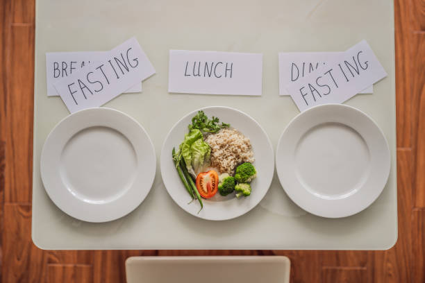 Intermittent fasting during breakfast and dinner. Intermittent fasting concept, top view stock photo