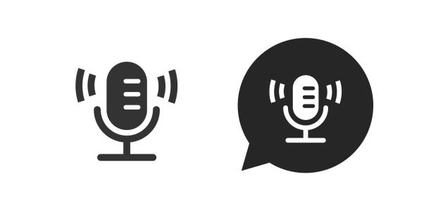 Radio podcast mic icon black white pictogram simple vector, microphone voice chat messaging app silhouette logo glyph graphic clipart, minimal audio bubble speech sign illustration vector art illustration