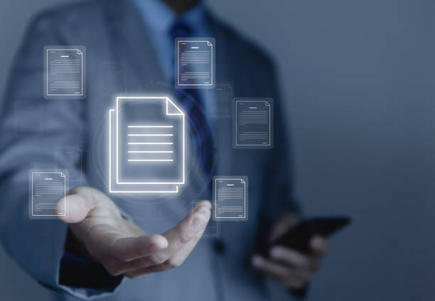 istock Businessman hand showing electronic document. paperless office 1462055768