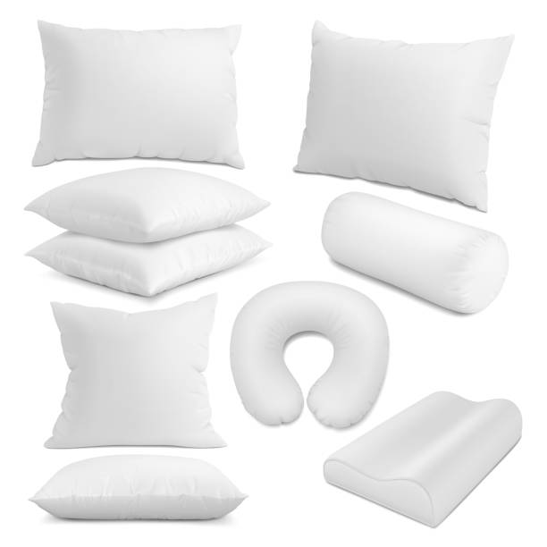 ilustrações de stock, clip art, desenhos animados e ícones de realistic white pillows mockup. pillow for night neck relaxation, orthopedics and traveller cushion. 3d cushions, comfort sleep pithy vector elements - pillow cushion vector bedding