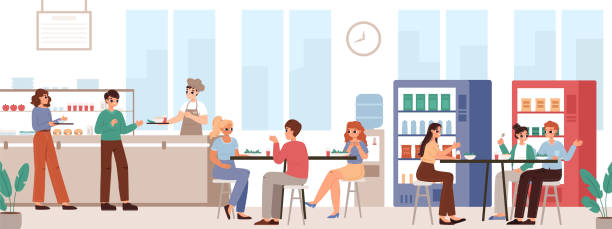 mensa oder mensa. junge mädchen beim mittagessen im käfig, studentengruppe essen und essen in der schule kaufen. abendessen auf dem campus, gemütliche vektorszene mit teenagern - kantine stock-grafiken, -clipart, -cartoons und -symbole