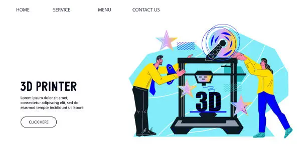 Vector illustration of 3d printing technology website template. 3D three-dimension prototyping service.