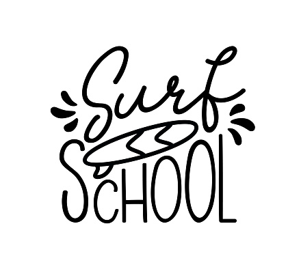 Surf school logo. Minimal vector illustration. Surfing design badge, sign. Black and white icon for surf school. Typography lettering logo with surfboard. Summer camp adventure.
