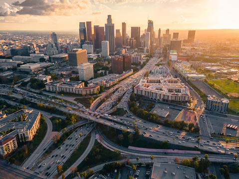 This photo was taken by drone, showing the skyline of downtown Los Angeles embraced by the freeway