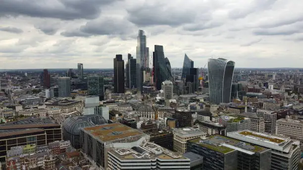 Photo of London UK City skyline Drone, Aerial, view from air, birds eye view,