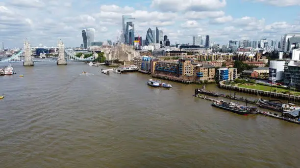 Photo of Tower bridge London UK city in backgroudn Drone, Aerial, view from air, birds eye view,