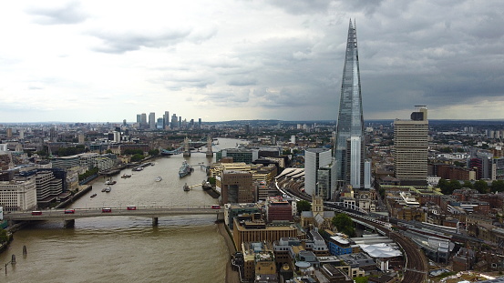 London city skyline river Thames and Shard drone aerial view