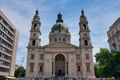 A low-angle shot of a Roman Catholic basilica, St. Stephen's Basilica in Budapest, Hungary