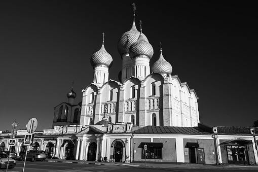 Rostov Velikiy, Russia – August 28, 2021: A grayscale shot of the Cathedral of Assumption of Blessed Virgin Mary in Rostov Kremlin complex in Russia