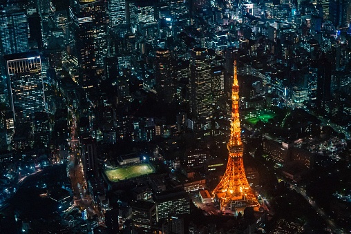 Tokyo, Japan – November 22, 2022: An aerial view of the Tokyo Tower and cityscape at night