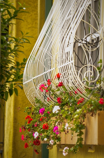 A vertical shot of a house facade decorated with flowers in pots