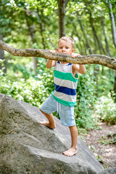 istock Preschooler boy climbs on rock against blurry green trees 1462080321