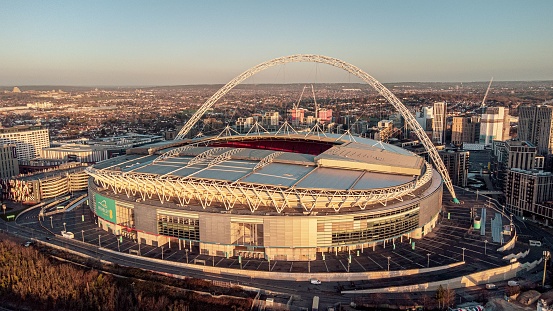 London, United Kingdom – January 05, 2022: An aerial view of Wembley Stadium at sunrise in London, the United Kingdom