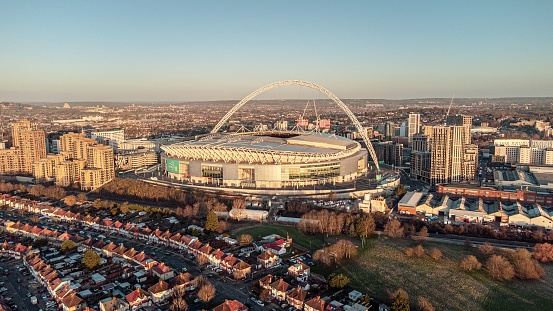 London, United Kingdom – January 05, 2022: An aerial view of Wembley Stadium at sunrise in London, the United Kingdom