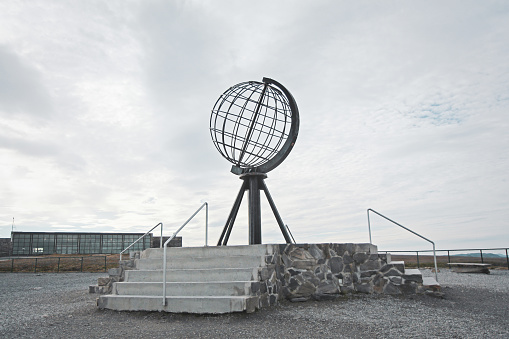 Nordkapp, Norway - 13 09 2013. Clouds above the monument that overlooks the Barents Sea. Nordkapp, Finmark, Norway.