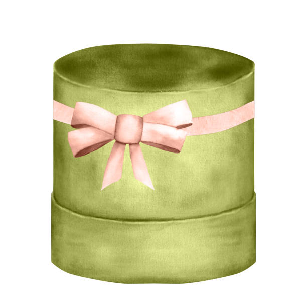 ilustrações de stock, clip art, desenhos animados e ícones de hand-drawn watercolor flower package: short olive green box with ribbon and bow - gift box packaging drawing illustration and painting