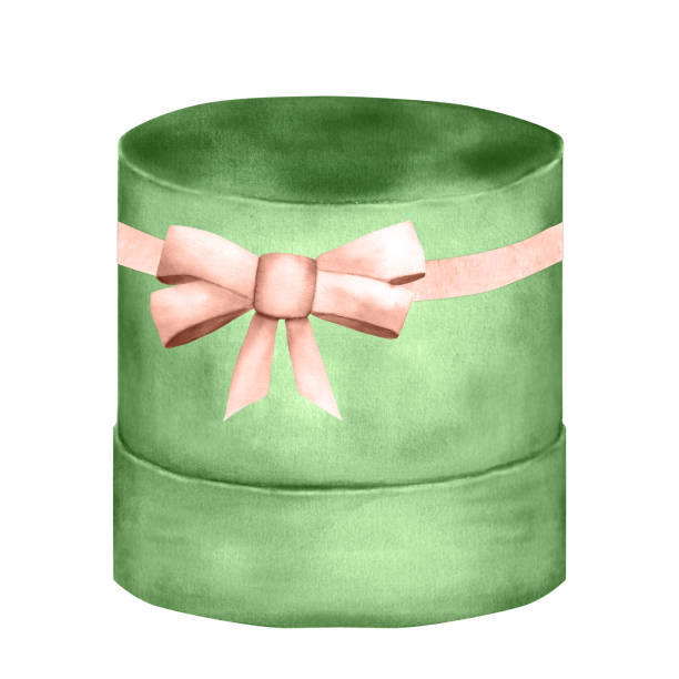 ilustrações de stock, clip art, desenhos animados e ícones de hand-drawn watercolor flower package: short light warm green box with ribbon and bow - gift box packaging drawing illustration and painting