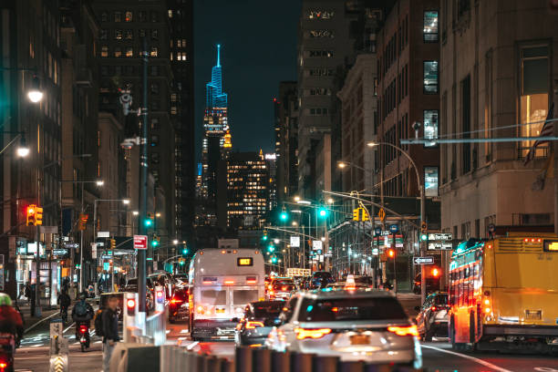Traffic in Lower Manhattan New York at night