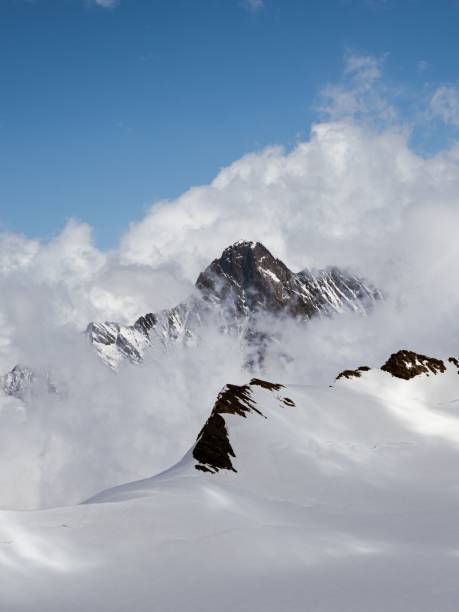 istock Vertical shot of snowy mountain peaks under a cloudy sky 1462110305
